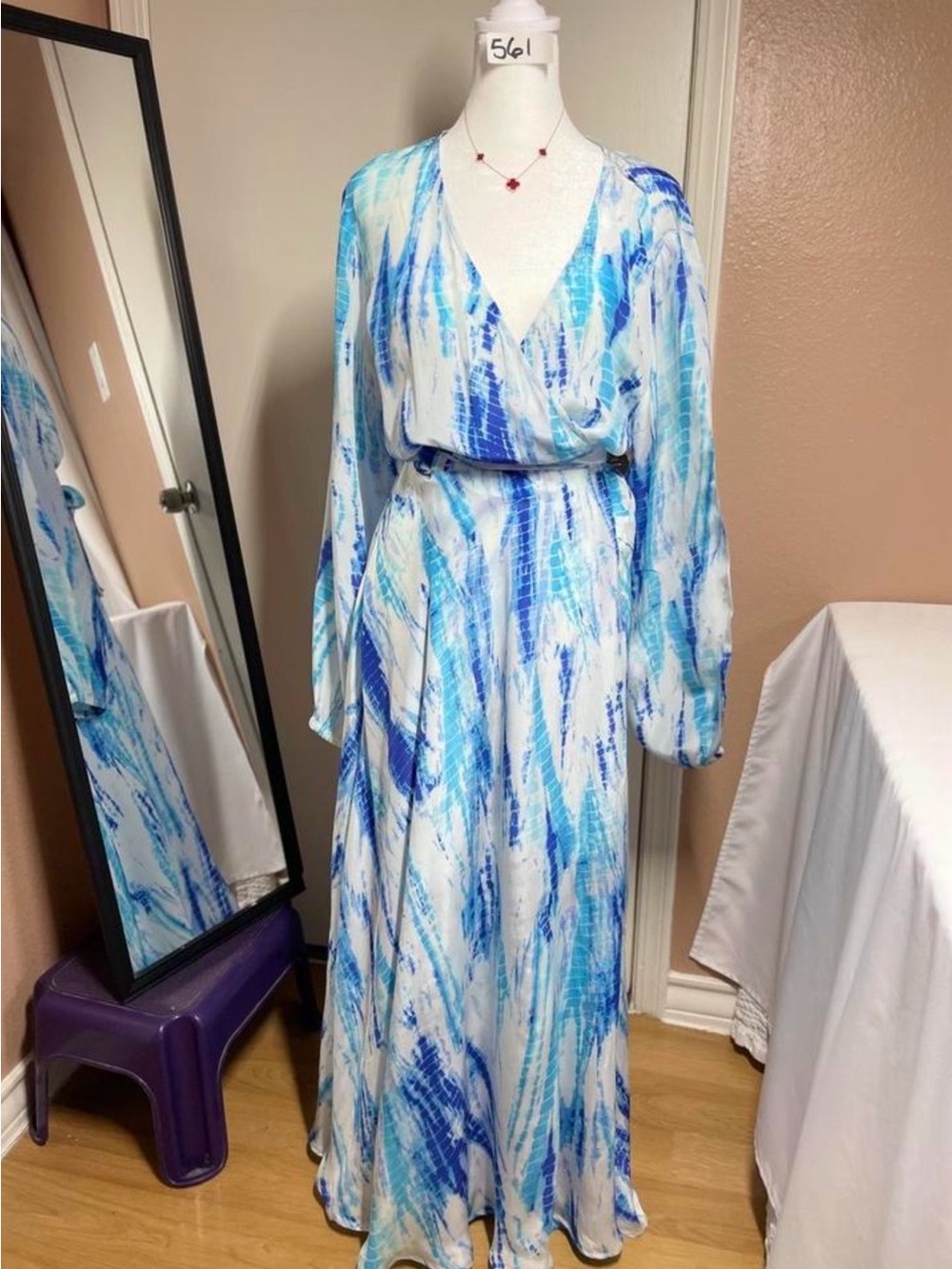 Boston Proper Blue Tie-Dye Faux Wrap Long Sleeve Maxi Dress Size L - Picture 1 of 11